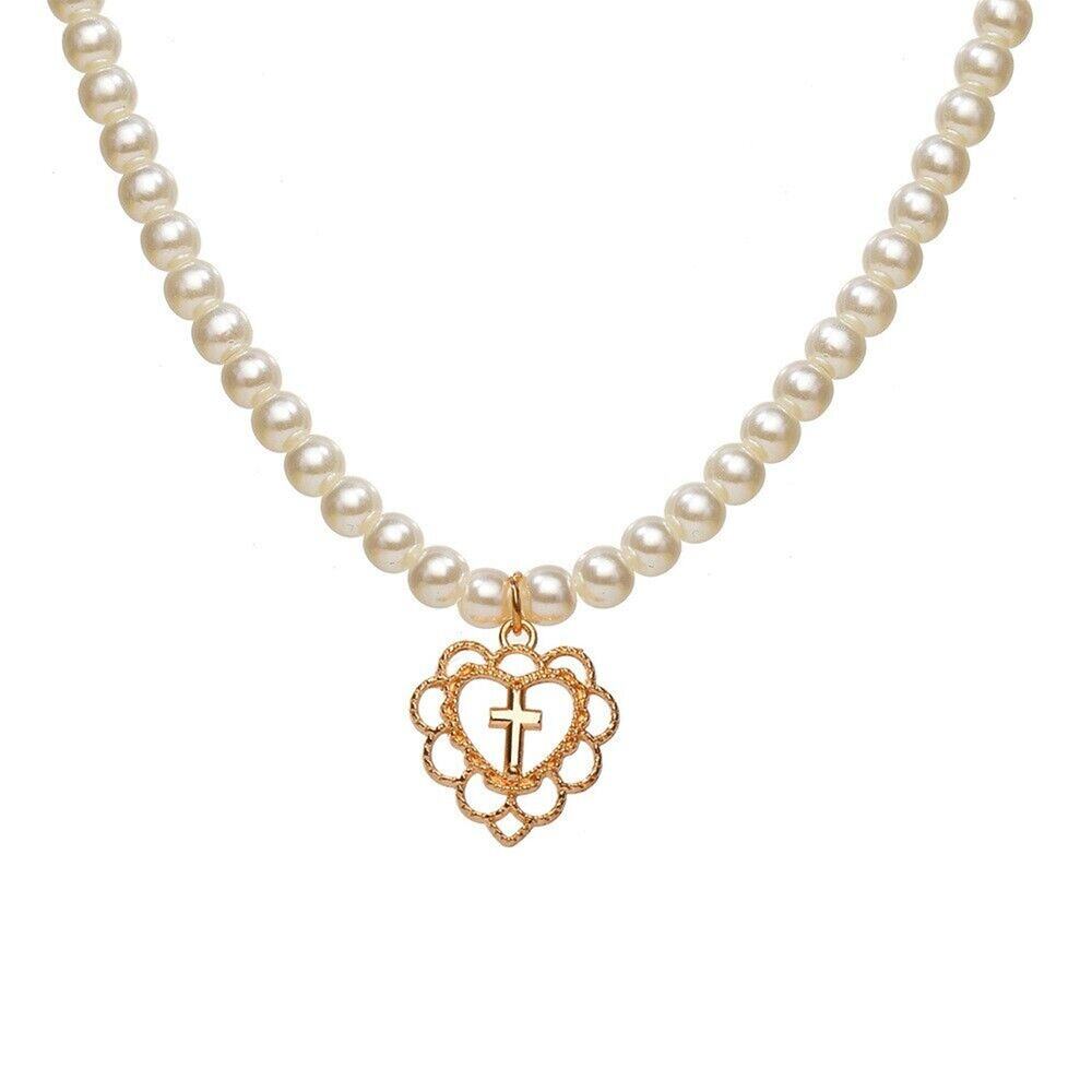 White Retro Pearl Cross‎ Chain Necklace Hollow Heart Choker Elegant Party Chic